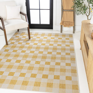HomeRoots 8' X 10' Yellow and Cream Geometric Indoor Outdoor Area Rug - Stylish, Durable, and Easy to Clean! 703587