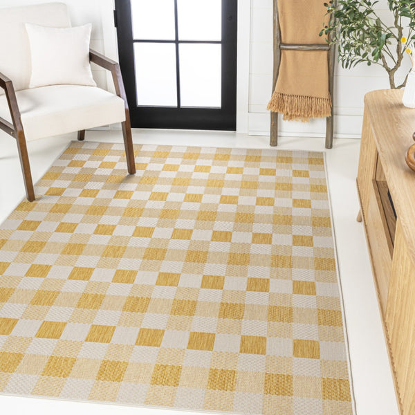 HomeRoots 8' X 10' Yellow and Cream Geometric Indoor Outdoor Area Rug - Stylish, Durable, and Easy to Clean! 703587