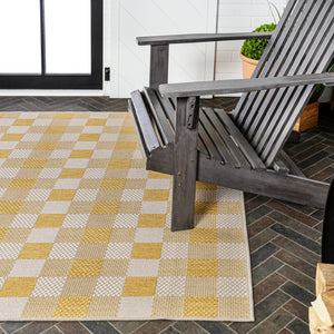 HomeRoots 8' X 10' Yellow and Cream Geometric Indoor Outdoor Area Rug - Stylish, Durable, and Easy to Clean! 703587
