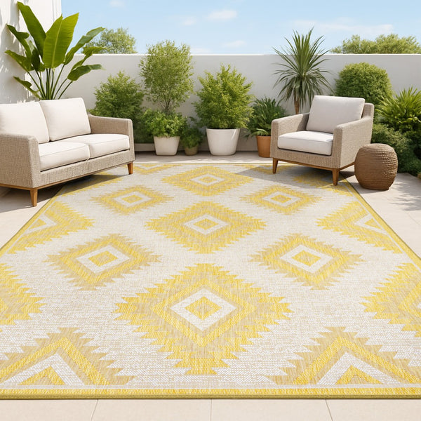 HomeRoots 5' X 8' Yellow And Cream Moroccan Indoor/Outdoor Area Rug – Durable, Stylish, and Easy to Clean! 703598