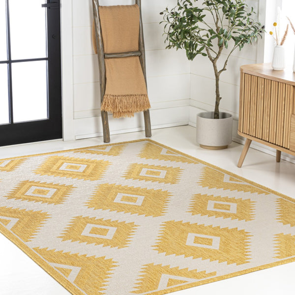 HomeRoots 5' X 8' Yellow And Cream Moroccan Indoor/Outdoor Area Rug – Durable, Stylish, and Easy to Clean! 703598