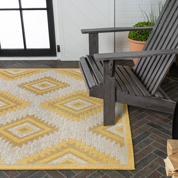 HomeRoots 5' X 8' Yellow And Cream Moroccan Indoor/Outdoor Area Rug – Durable, Stylish, and Easy to Clean! 703598
