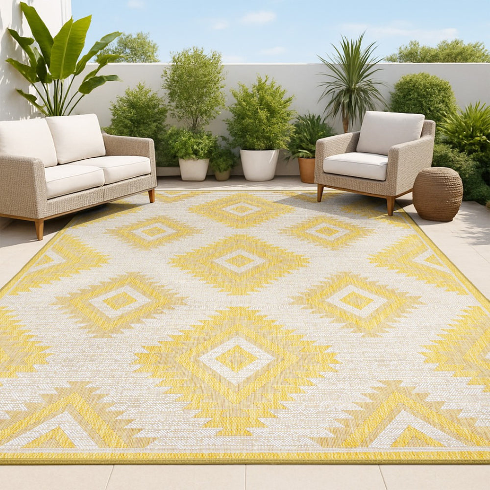 HomeRoots 8' X 10' Moroccan Area Rug - Yellow & Cream Quatrefoil Design for Indoor & Outdoor Spaces, Durable! 703599