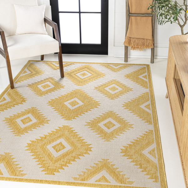 HomeRoots 8' X 10' Moroccan Area Rug - Yellow & Cream Quatrefoil Design for Indoor & Outdoor Spaces, Durable! 703599