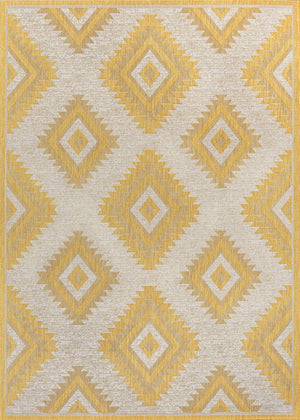 HomeRoots 8' X 10' Moroccan Area Rug - Yellow & Cream Quatrefoil Design for Indoor & Outdoor Spaces, Durable! 703599