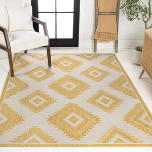 HomeRoots 8' X 10' Moroccan Area Rug - Yellow & Cream Quatrefoil Design for Indoor & Outdoor Spaces, Durable! 703599