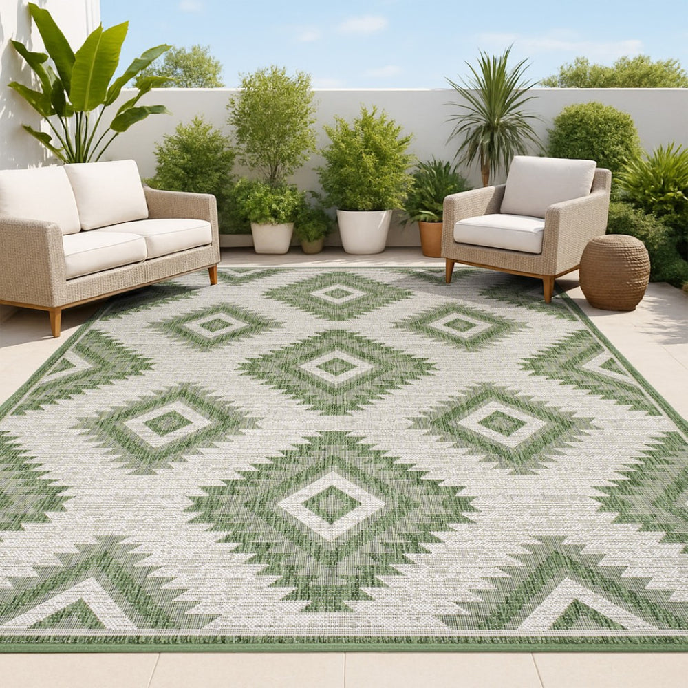 HomeRoots 8' X 10' Moroccan Area Rug in Green & Cream - Durable, Stylish Indoor/Outdoor Décor for All Spaces 703603