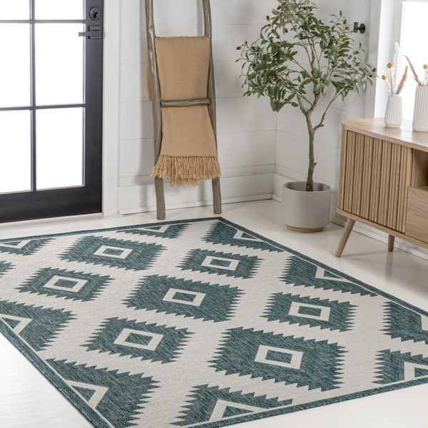 HomeRoots 5' Turquoise and Cream Moroccan Area Rug - Stylish Indoor/Outdoor Decor for Versatile Spaces 703606