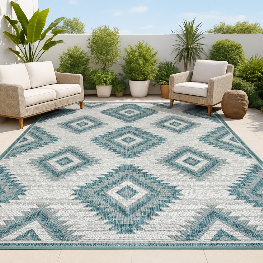 HomeRoots 8' X 10' Vibrant Turquoise and Cream Moroccan Area Rug - Durable, Stylish, Indoor/Outdoor Décor Option 703607