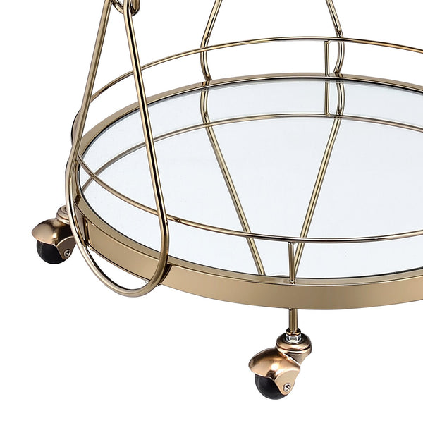English Elm Zekera Champagne Round Serving Cart with Tempered Glass Top, Mirrored Shelf & Smooth Casters —Elegant Mobile Bar B2726P286820