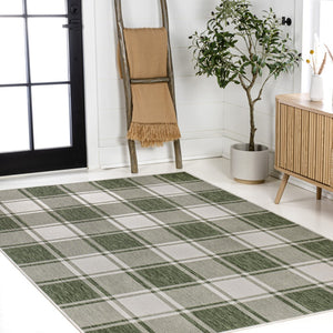 HomeRoots 5' Gingham Area Rug in Green and Cream – Versatile Indoor/Outdoor Design, Easy Care & Durable Comfort 703618