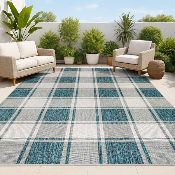 HomeRoots 8' Turquoise and Cream Gingham Indoor Outdoor Area Rug - Durable, Stylish, Easy to Clean, Versatile Design 703623