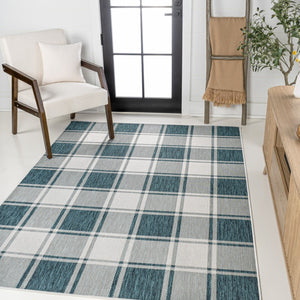 HomeRoots 8' Turquoise and Cream Gingham Indoor Outdoor Area Rug - Durable, Stylish, Easy to Clean, Versatile Design 703623