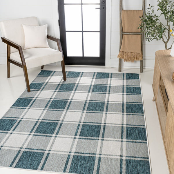 HomeRoots 8' Turquoise and Cream Gingham Indoor Outdoor Area Rug - Durable, Stylish, Easy to Clean, Versatile Design 703623