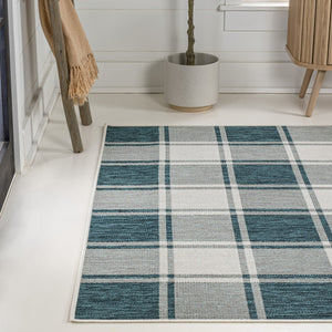 HomeRoots 8' Turquoise and Cream Gingham Indoor Outdoor Area Rug - Durable, Stylish, Easy to Clean, Versatile Design 703623