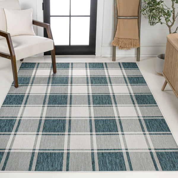 HomeRoots 8' Turquoise and Cream Gingham Indoor Outdoor Area Rug - Durable, Stylish, Easy to Clean, Versatile Design 703623