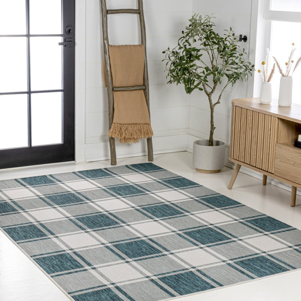 HomeRoots 8' Turquoise and Cream Gingham Indoor Outdoor Area Rug - Durable, Stylish, Easy to Clean, Versatile Design 703623