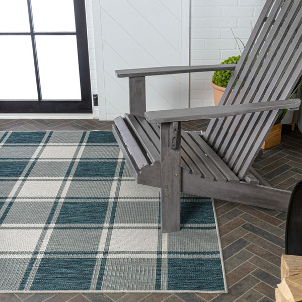 HomeRoots 8' Turquoise and Cream Gingham Indoor Outdoor Area Rug - Durable, Stylish, Easy to Clean, Versatile Design 703623
