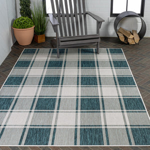 HomeRoots 8' Turquoise and Cream Gingham Indoor Outdoor Area Rug - Durable, Stylish, Easy to Clean, Versatile Design 703623