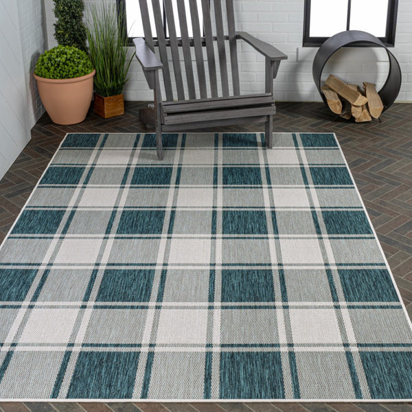HomeRoots 8' Turquoise and Cream Gingham Indoor Outdoor Area Rug - Durable, Stylish, Easy to Clean, Versatile Design 703623