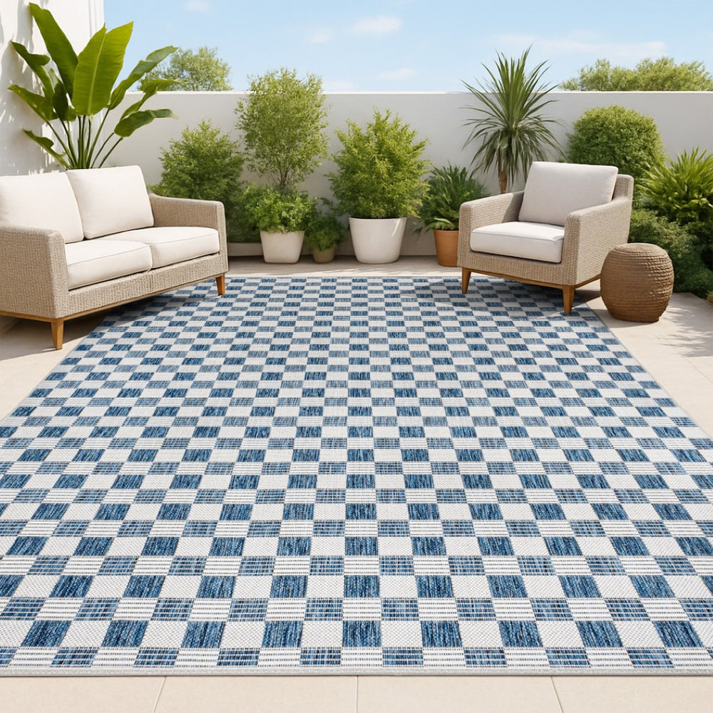 HomeRoots 5' X 8' Navy Blue Cream Geometric Area Rug - Modern, Durable, All-Weather Style for Indoors & Outdoors 703630