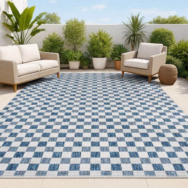 HomeRoots 8' X 10' Navy Blue & Cream Geometric Rug – Durable Indoor/Outdoor Accent for Modern Spaces! 703631