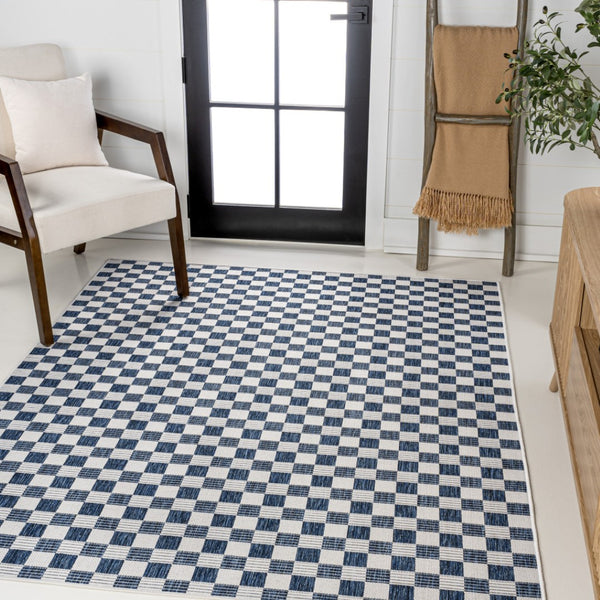 HomeRoots 8' X 10' Navy Blue & Cream Geometric Rug – Durable Indoor/Outdoor Accent for Modern Spaces! 703631