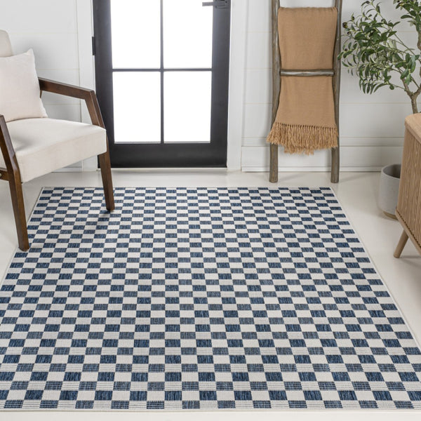 HomeRoots 8' X 10' Navy Blue & Cream Geometric Rug – Durable Indoor/Outdoor Accent for Modern Spaces! 703631