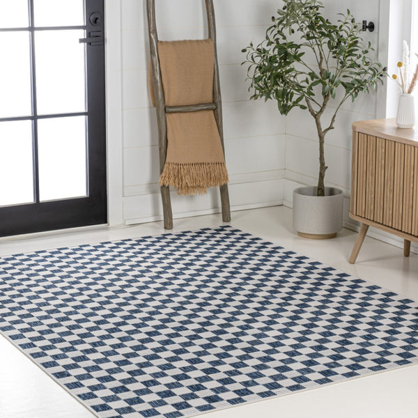HomeRoots 8' X 10' Navy Blue & Cream Geometric Rug – Durable Indoor/Outdoor Accent for Modern Spaces! 703631