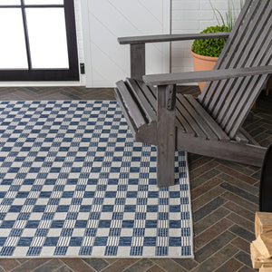 HomeRoots 8' X 10' Navy Blue & Cream Geometric Rug – Durable Indoor/Outdoor Accent for Modern Spaces! 703631