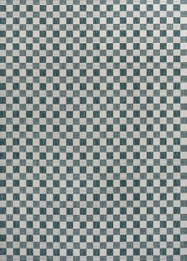 HomeRoots 5' Turquoise and Cream Geometric Area Rug - Stylish, Durable Indoor/Outdoor Mat for Any Space! 703634