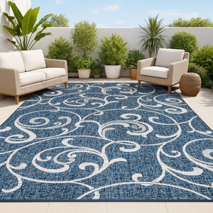 HomeRoots 5' Navy Blue & Cream Floral Indoor/Outdoor Area Rug - Durable, Stylish, Easy-Care for Any Space! 703642