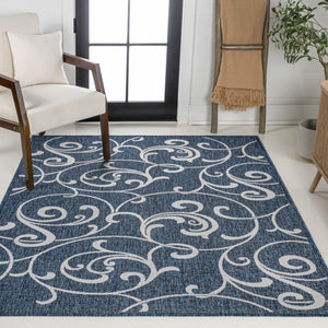 HomeRoots 5' Navy Blue & Cream Floral Indoor/Outdoor Area Rug - Durable, Stylish, Easy-Care for Any Space! 703642