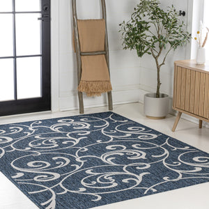 HomeRoots 5' Navy Blue & Cream Floral Indoor/Outdoor Area Rug - Durable, Stylish, Easy-Care for Any Space! 703642