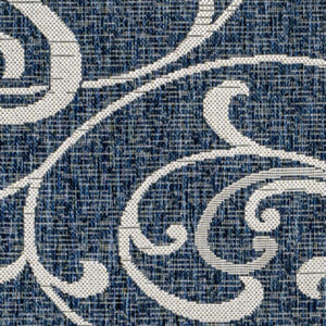 HomeRoots 8' Navy Blue and Cream Floral Area Rug – Durable Indoor/Outdoor Carpet for Timeless Elegance & Style 703643