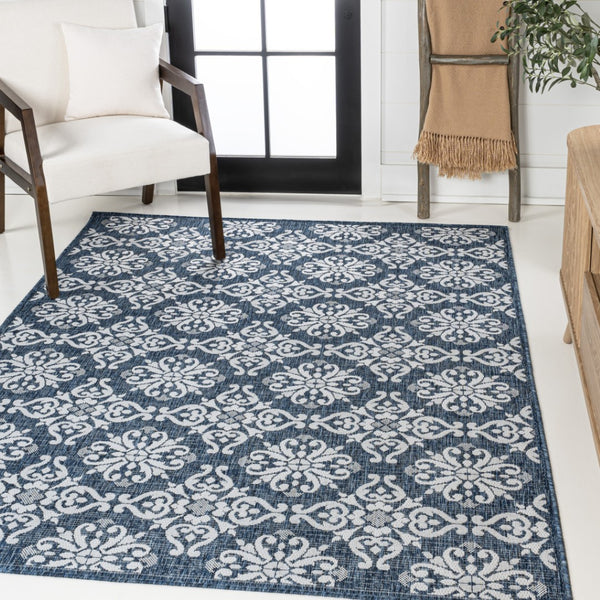 HomeRoots 5' X 8' Navy Blue and Cream Floral Area Rug - Durable Indoor Outdoor Carpet for Elegant Spaces 703646
