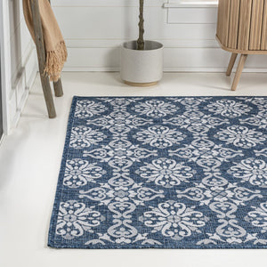HomeRoots 5' X 8' Navy Blue and Cream Floral Area Rug - Durable Indoor Outdoor Carpet for Elegant Spaces 703646