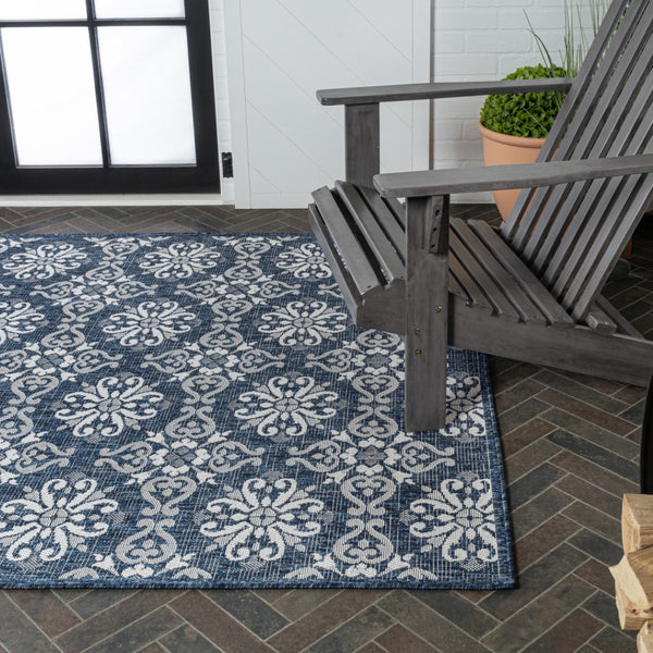 HomeRoots 5' X 8' Navy Blue and Cream Floral Area Rug - Durable Indoor Outdoor Carpet for Elegant Spaces 703646