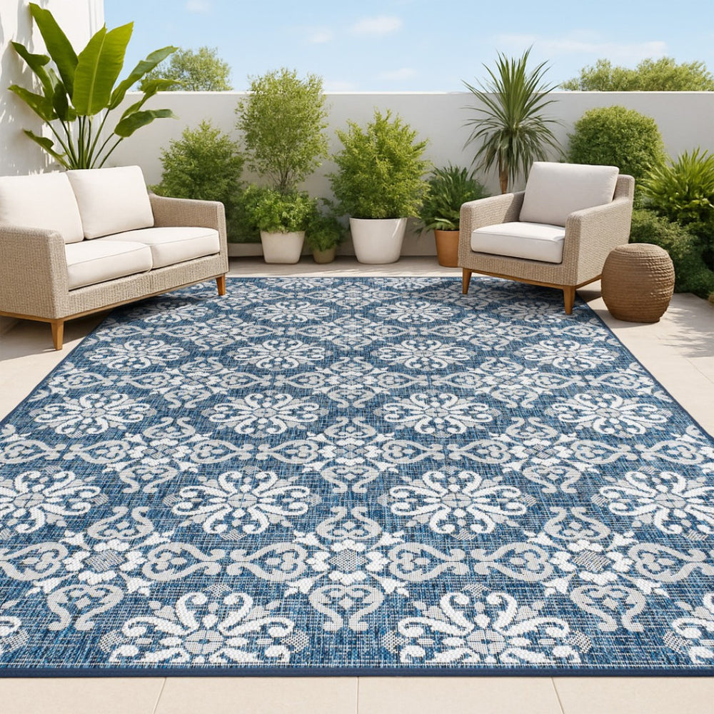 HomeRoots 8' X 10' Navy Blue & Cream Floral Area Rug - Durable Indoor/Outdoor Style for Timeless Home Decor 703647