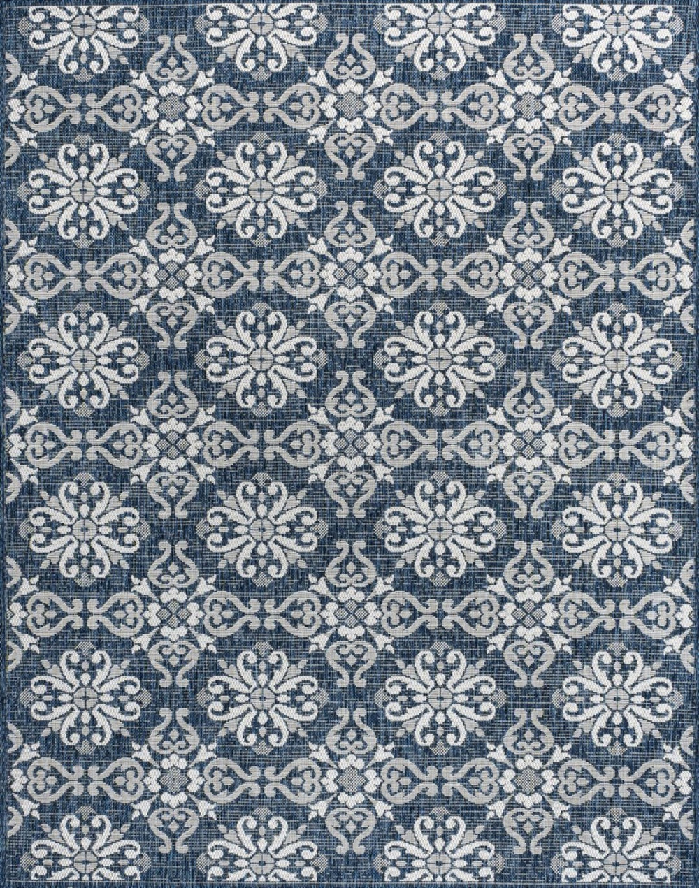 HomeRoots 8' X 10' Navy Blue & Cream Floral Area Rug - Durable Indoor/Outdoor Style for Timeless Home Decor 703647