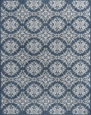 HomeRoots 8' X 10' Navy Blue & Cream Floral Area Rug - Durable Indoor/Outdoor Style for Timeless Home Decor 703647