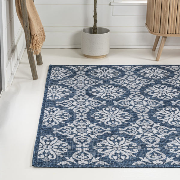 HomeRoots 8' X 10' Navy Blue & Cream Floral Area Rug - Durable Indoor/Outdoor Style for Timeless Home Decor 703647