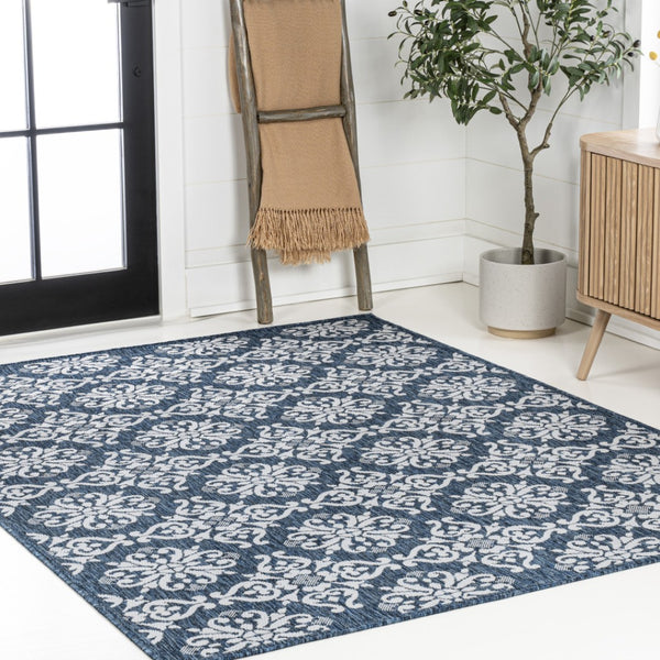 HomeRoots 8' X 10' Navy Blue & Cream Floral Area Rug - Durable Indoor/Outdoor Style for Timeless Home Decor 703647