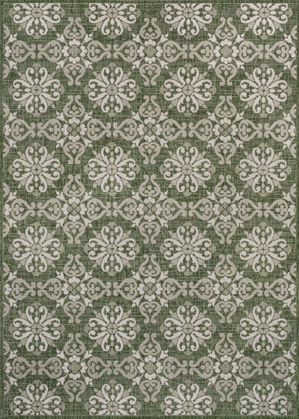 HomeRoots 5' Green and Cream Floral Area Rug – Versatile Indoor/Outdoor Charm for Living Spaces and Patios 703650