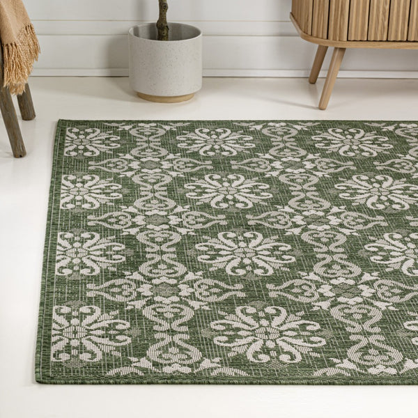 HomeRoots 8' X 10' Green and Cream Floral Area Rug - Durable, Stylish Indoor/Outdoor Comfort for Any Space 703651