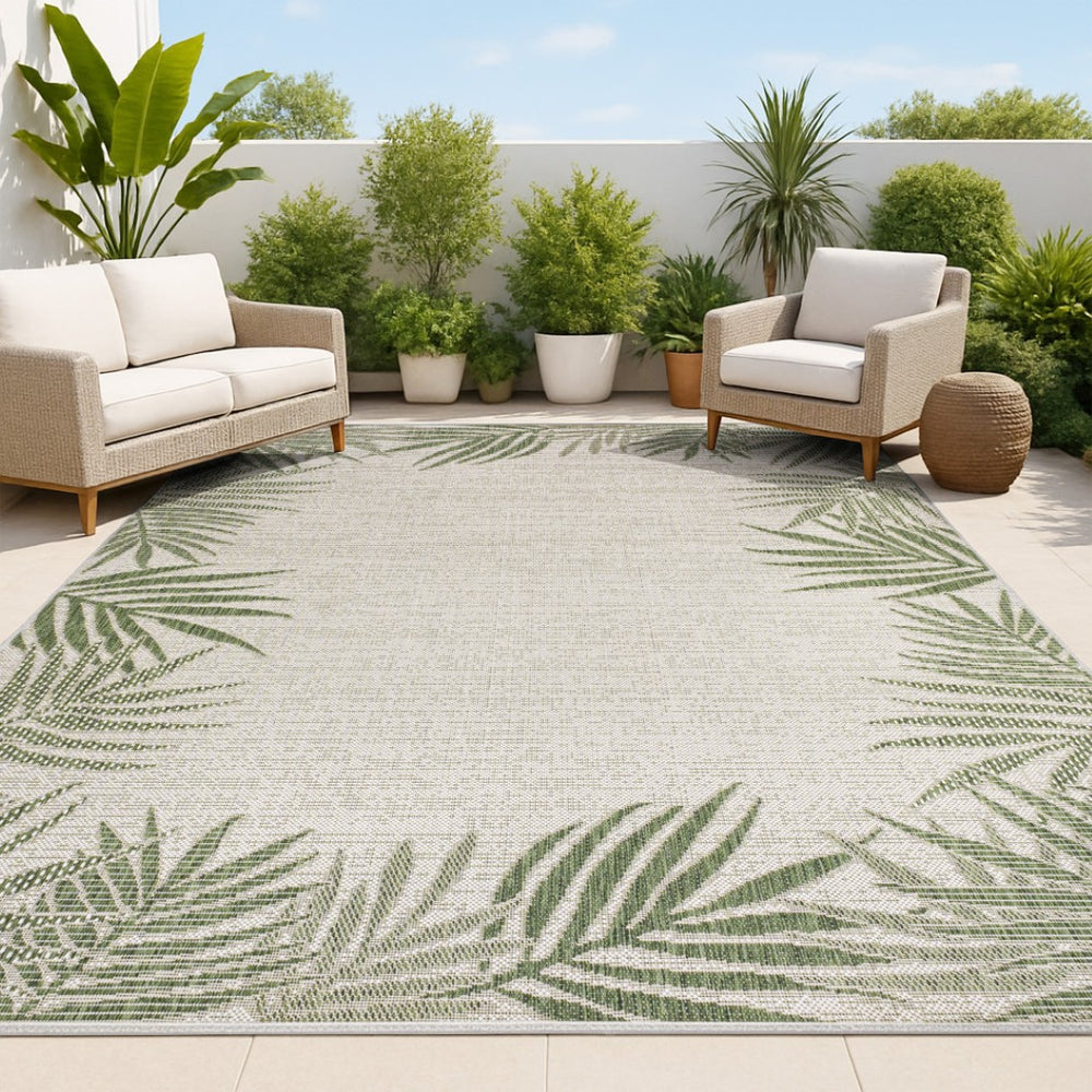 HomeRoots 5' Green and Cream Floral Area Rug – Durable Indoor/Outdoor Style for Any Space, Easy to Clean! 703654