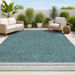 HomeRoots 5' Turquoise and Cream Area Rug – Durable Indoor/Outdoor Accent, Weather-Resistant, Easy Care Design 703670