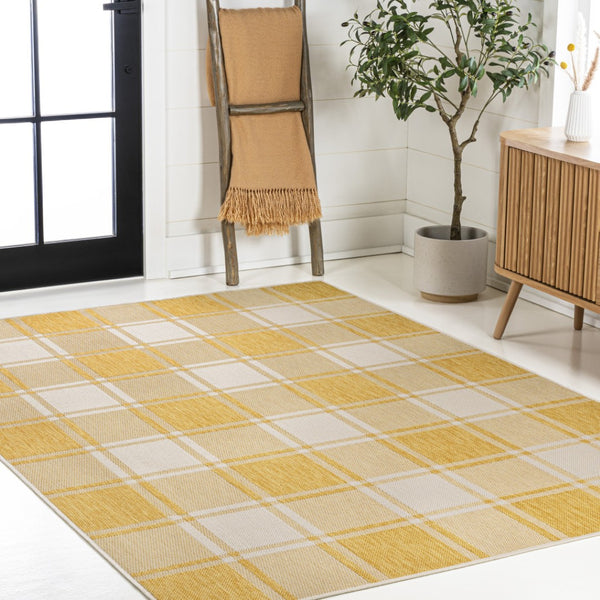 HomeRoots 8' X 10' Yellow and Cream Gingham Area Rug - Indoor/Outdoor Durable Charm for Any Space! 703680