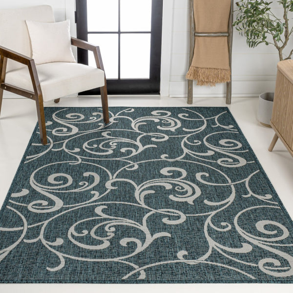 HomeRoots 5' Turquoise & Cream Floral Area Rug - Durable Indoor/Outdoor Design for Elegant Living Spaces 703691