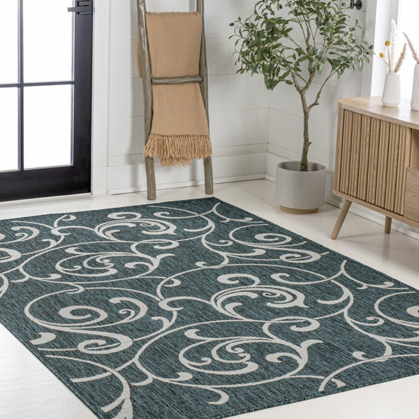 HomeRoots 5' Turquoise & Cream Floral Area Rug - Durable Indoor/Outdoor Design for Elegant Living Spaces 703691